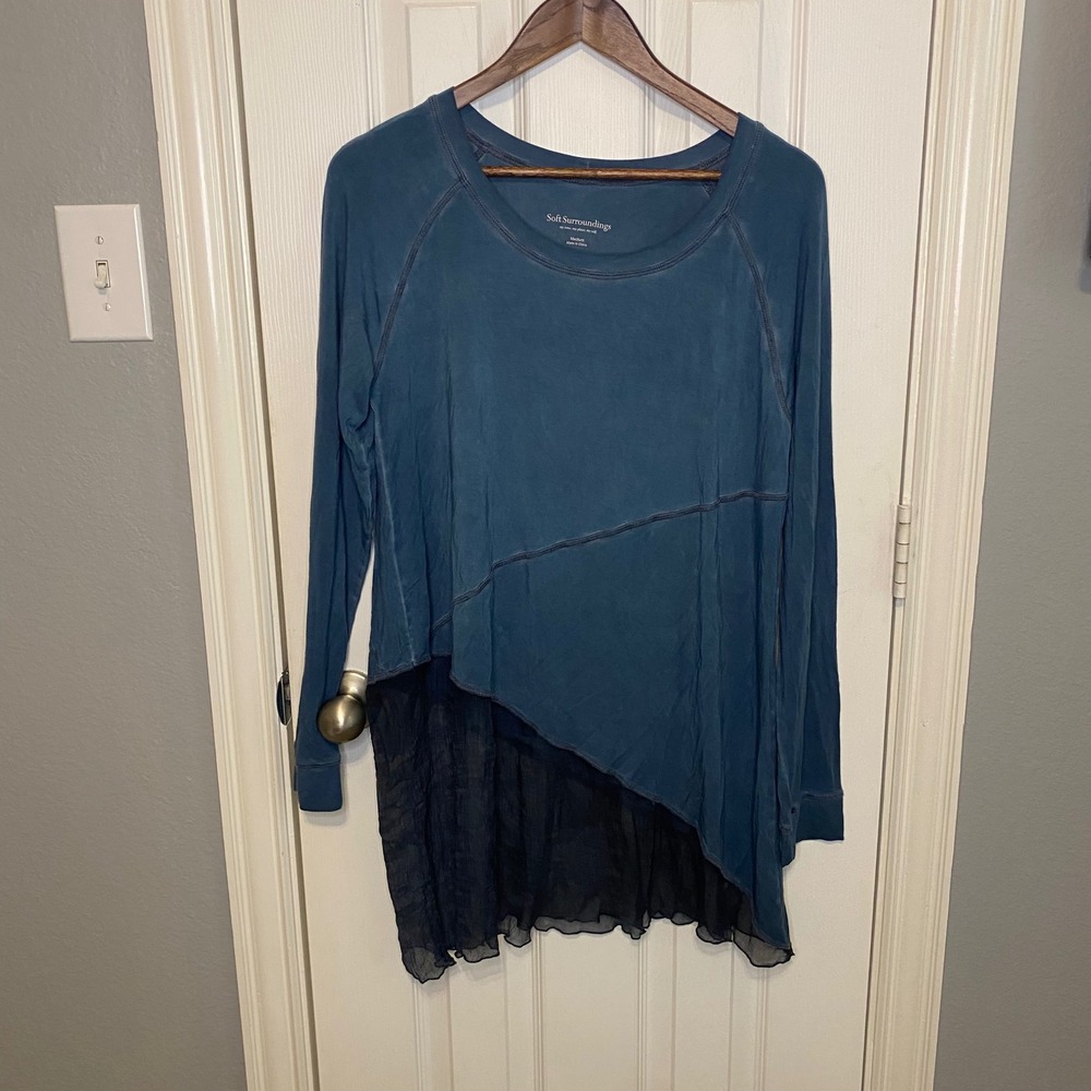 Soft Surroundings Womens Medium Teal Blue Mixed Media Asymmetrical Tunic Top